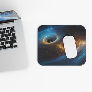 May include: A computer mouse and a mousepad with a cosmic design featuring swirling blue, gold, and black colors. The mousepad has a rectangular shape and the mouse is white.