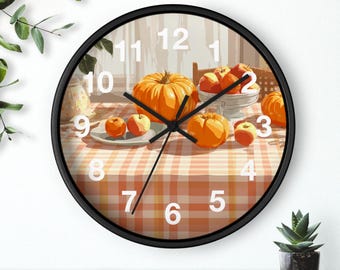 Gingham Pumpkin Tablecloth Wall Clock | Fall Harvest Kitchen Decor, Living Room Art Piece, Kitchen Wall Clock, Household Must Have