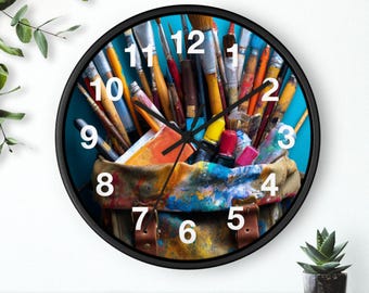 Art Supplies Flatlay Wall Clock, Artist Gift, Craft Room Decor, Studio Wall Art, Painter Present, Creative Workspace Clock, Gift Idea