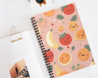 Cuaderno espiral/diario rayado con desfile de frutas kawaii, cuaderno de bocetos artístico, idea de regalo de Navidad, material escolar, escritura creativa