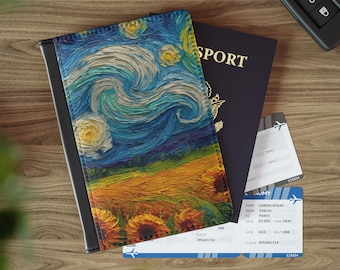 Funda para pasaporte "Girasoles en movimiento", regalo de viaje, accesorio de viaje único, regalo para amantes del arte, imprescindible para vacaciones, funda para pasaporte