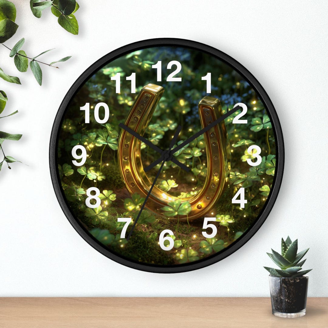 Golden Horseshoe Clovers Wall Clock | Lucky Clover St. Patricks Day ...