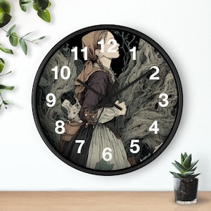 May include: Black round wall clock featuring a vintage illustration of a woman in a dress with a small animal. The clock has a black frame and white numbers. The background has a dark, forest-like design.