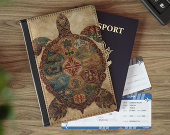 Funda para pasaporte con mapa de la Isla Tortuga / Mapa bohemio de tortugas marinas para viajes, artículos esenciales para vacaciones, accesorio para viajeros, funda de viaje única