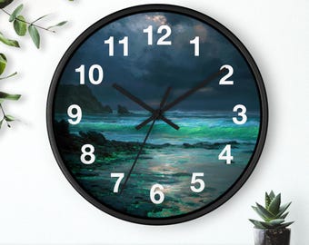 May include: A round wall clock with a black frame. The clock face features a seascape with a dark, stormy sky and turquoise waves. White numerals mark the hours. The clock hands are black.
