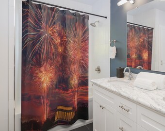 Monuments Feuerwerk Duschvorhang | Vaterländischer Juli Dekor, Geschenk für Paare, Wohnaccessoire, Cozy Vibes, Geschenkidee