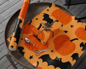 Pumpkins & Bats Pattern Wrapping Paper | Halloween Orange Bat Harvest, Eco-Friendly Gift Wrap, Holiday Wrapping Paper, Christmas Essential