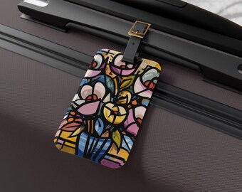 Etiqueta de equipaje con diseño floral cubista / Etiqueta de viaje con flores coloridas, etiqueta única para maleta, regalo para viajeros, artículos esenciales para vacaciones, idea de regalo de Navidad