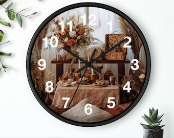 Reloj de pared con diseño floral bohemio / Decoración rústica otoñal para la cocina, pieza de arte para la sala de estar, reloj de pared para la cocina, artículo imprescindible para el hogar, regalo de Navidad