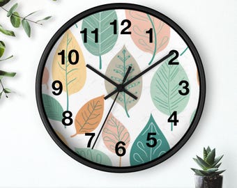 Pastel Leaf Pattern Wall Clock | Botanical Leaf Pattern, Pastel Nature Clock, Kitchen Wall Clock, Household Must Have, Christmas Gift Idea