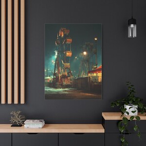 May include: A canvas print depicting a vintage carnival scene at night. The image features two Ferris wheels illuminated by warm lights against a dark, moody sky. The artwork evokes a sense of nostalgia and the atmosphere of a bygone era.