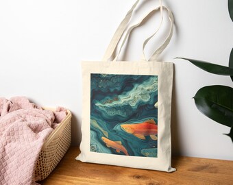 Salmon Wave Abstract Tote Bag, Beach Bag, Eco-Friendly Shopping Tote, Gift for Ocean Lovers, Art-Inspired Carryall, Daily Essential