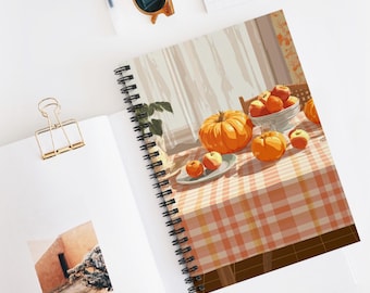 Gingham Pumpkin Tablecloth Spiral Notebook - Perfect for Fall Notes, Journaling, School, Gift for Students, Thanksgiving Decoration