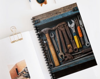 Libreta de espiral con diseño de caja de herramientas rústica: perfecta para amantes del bricolaje, para tomar notas, como diario, regalo para manitas o aficionados a las manualidades.