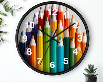 Rainbow Pencil Stack Wall Clock | School Art Teacher Decor, Living Room Art Piece, Kitchen Wall Clock, Household Must Have, Gift Idea
