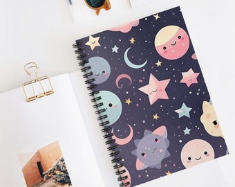Galaxy Smile Squad Spiral Notebook | Cute Planets Stars Moon Ruled Journal, Christmas Gift Idea, School Supplies, Creative Writing