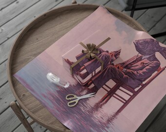 Carta da regalo con pesce sulla sedia, carta da regalo unica per tutte le occasioni, decorazioni per la casa originali, carta da regalo con narrazione visiva, carta da regalo ecologica