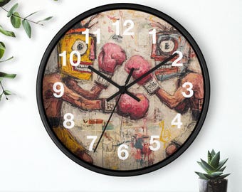 Reloj de pared "Boxing Spirit Clash" / Ilustración de luchador vintage, obra de arte para sala de estar, reloj de pared para cocina, artículo imprescindible para el hogar, idea de regalo