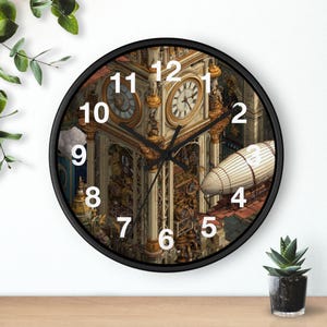 May include: A round wall clock with a black frame featuring a detailed illustration of a steampunk-style clock tower with gold accents, gears, and a white airship. The clock face has large white numbers from 1 to 12 and thin black clock hands.