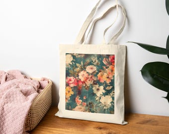 May include: A cream-colored tote bag featuring a floral design. The design showcases a watercolor-style pattern of pink, red, yellow, and white flowers against a teal background. The bag has two handles and is made of a sturdy fabric.