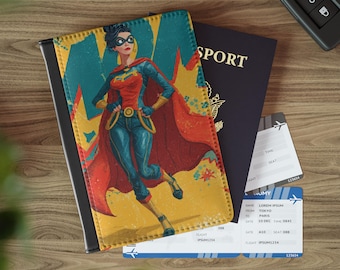 Funda para pasaporte estilo cómic con diseño de mamá superheroína / Accesorio de viaje estilo cómic, Funda para pasaporte adorable, Ideal para viajes, Regalo perfecto para Navidad