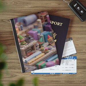 May include: A black passport cover with a whimsical illustration of elves at work, next to a dark blue passport, plane tickets, and a car key fob on a wooden surface. The passport cover features a detailed, colorful scene.