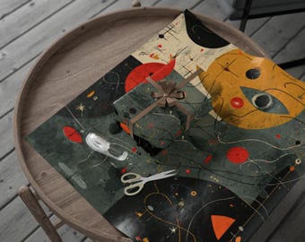 May include: A wrapped gift with a brown ribbon sits on abstract art wrapping paper. The paper features a dark teal background with red, yellow, and black geometric shapes. A pair of scissors and a roll of tape are also on the paper.