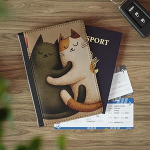 Custodia per passaporto con coppia di gatti coccolosi / Illustrazione di una coppia di gatti carini, custodia per passaporto carina, accessori da viaggio unici, idea regalo di Natale