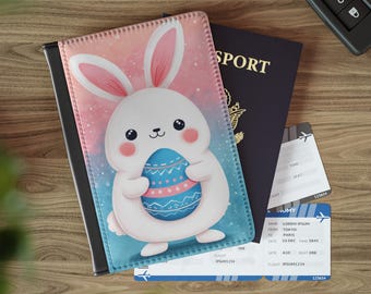 Dekorerat kawaii kaninpassfodral | Pastellfärgat resetillbehör, sött passfodral, unika resetillbehör, julklappsidé