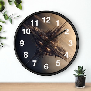 Puede incluir: Un reloj de pared redondo con marco negro y una esfera que muestra un gráfico espacial de una estructura celestial oscura y puntiaguda sobre un fondo degradado en azul oscuro y beige. El reloj tiene números blancos grandes y manecillas negras.