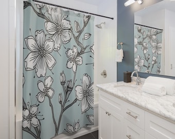 Sakura Line Whisper Shower Curtain | Blue Botanical Bathroom Decor, Gift for Couples, Home Accessories, Cozy Vibes, Christmas Gift Idea