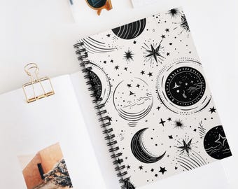 Cahier à spirale minimal de phases de lune | Journal ligné, carnet de croquis artistique, cadeau pour écrivains, prise de notes, fournitures scolaires, écriture créative