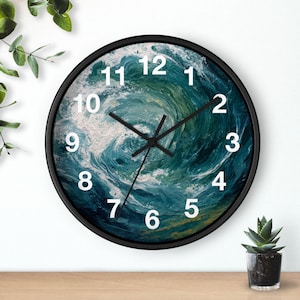 May include: A round wall clock with a black frame and a face featuring an oil painting style depiction of a swirling ocean wave in shades of deep blue, teal, and white. The clock has black hour, minute, and second hands and white numerals.