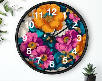 Reloj de pared retro de Pascua / Diseño vibrante de peonías naranja y rosa, fondo azul verdoso, pieza decorativa para sala de estar, reloj de pared para cocina, artículo imprescindible para el hogar
