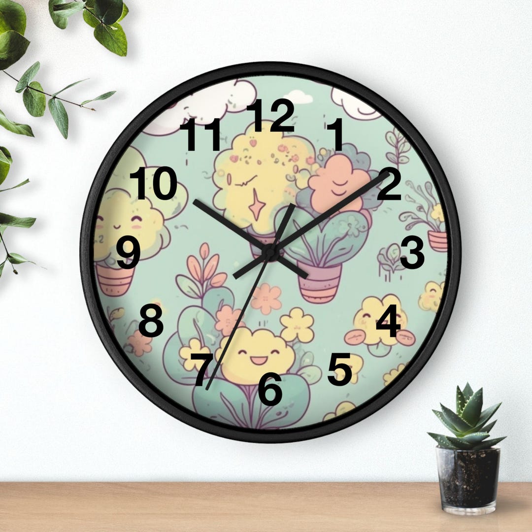 Kawaii Nature Scribbles Wall Clock | Cute Floral Cartoon Clock, Kitchen ...