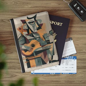 Funda para pasaporte/accesorio de viaje con diseño de guitarra y geometría, regalo para amantes de la música, artículos esenciales de viaje únicos, diario de aventuras, viajes de vacaciones imagen 1