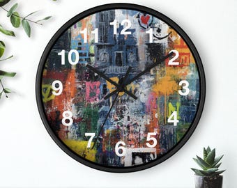 Reloj de pared con simbolismo urbano / Reloj de arte urbano colorido, pieza de arte para sala de estar, reloj de pared para cocina, artículo imprescindible para el hogar, idea de regalo
