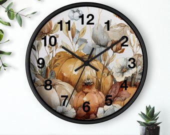 Watercolor Autumn Pumpkins Wall Clock | Autumn Rustic Farmhouse Decor, Living Room Art Piece, Kitchen Wall Clock, Household Must Have