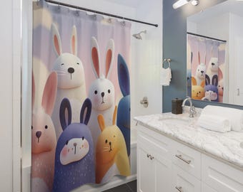 Pastel Bunny Parade Shower Curtain, Cute Bathroom Decor, Rabbit-Inspired Home Design, Easter Gift, Kids' Bathroom Accessory, Gift Idea