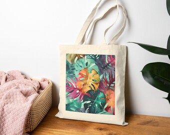 Monstera Bloom Fusion Art Tote |Colorful Leaf Print Canvas Grocery Bag, Beach Bag, Christmas Gift Idea, Daily Essential Tote Bag