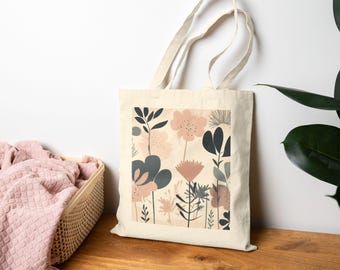 Scandi Bloom Shapes Tote Bag | Botanical Flowers Canvas Grocery Bag, Beach Bag, Christmas Gift Idea, Daily Essential Tote Bag
