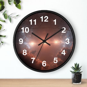 May include: Round black wall clock with a dramatic sky-themed face. The clock features white numerals and black hands. The background shows a cloudy sky with bright light.