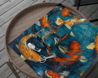 Papel de regalo con danza en espiral de koi, papel decorativo para regalo, papel de regalo inspirado en el arte, regalo de cumpleaños único, papel de regalo navideño, hecho a mano