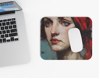 Scarlet Scarf Silence Mouse Pad | Artistic Female Face Desk Mat, Office Desk Accessories, Christmas Gift Idea, Desk Decor, Office Essential