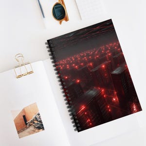May include: Spiral-bound notebook with a futuristic cityscape design. The cover features a dark, red-lit city scene with tall buildings and glowing lights. The notebook is open on a white surface with a gold paper clip and sunglasses.