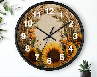 Weizen Sonnenblumen Kranz Wanduhr | Rustikales Blumenbauernhausdekor, Wohnzimmerkunststück, Küchenwanduhr, Haushalt Must Have