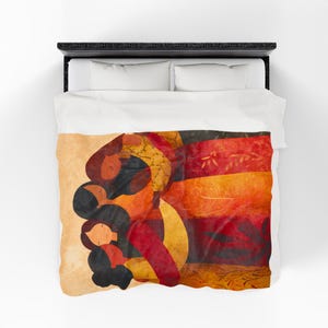 May include: Duvet cover with an abstract design of figures in warm reds, oranges, and yellows. The artwork has a textured, artistic feel, set against a black bed frame and white bedding.