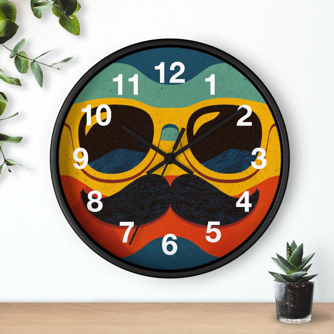 Shades and Mustache Wall Clock | Colorful Funky Face Clock, Living Room ...