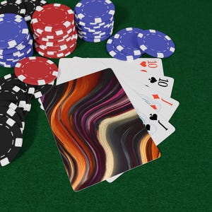 May include: A poker-themed image featuring playing cards and poker chips. The cards show the number ten in different suits. Poker chips are red, blue, and black. The background is a green felt surface.