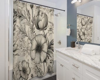 Engraved Bloom Texture Shower Curtain | Vintage Poppy Pattern, Bathroom Essential, Gift for Couples, Home Accessories, Christmas Gift Idea
